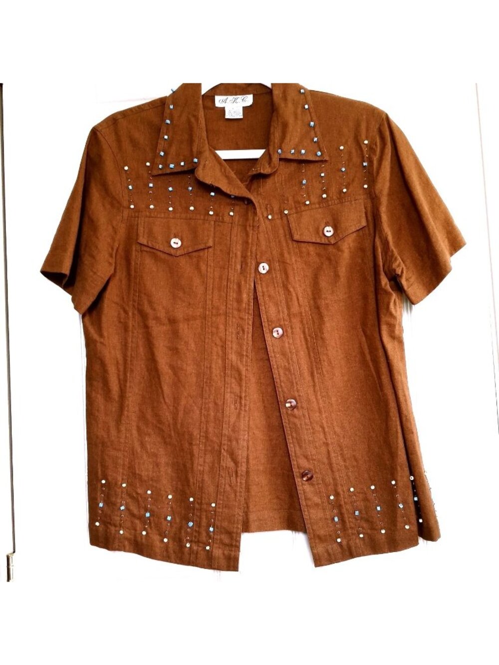 Brown Blouse Top Beads Large Button Front Linen Blend Short Sleeve Flawed Read